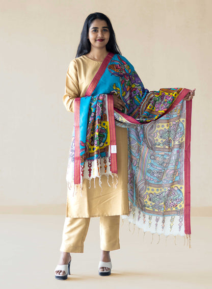 Blue - Srikalahasti Handpainted Cotton Pen Kalamkari Dupatta