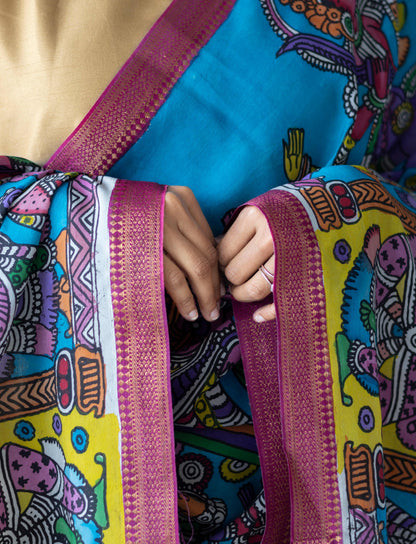 Blue - Srikalahasti Handpainted Cotton Pen Kalamkari Dupatta