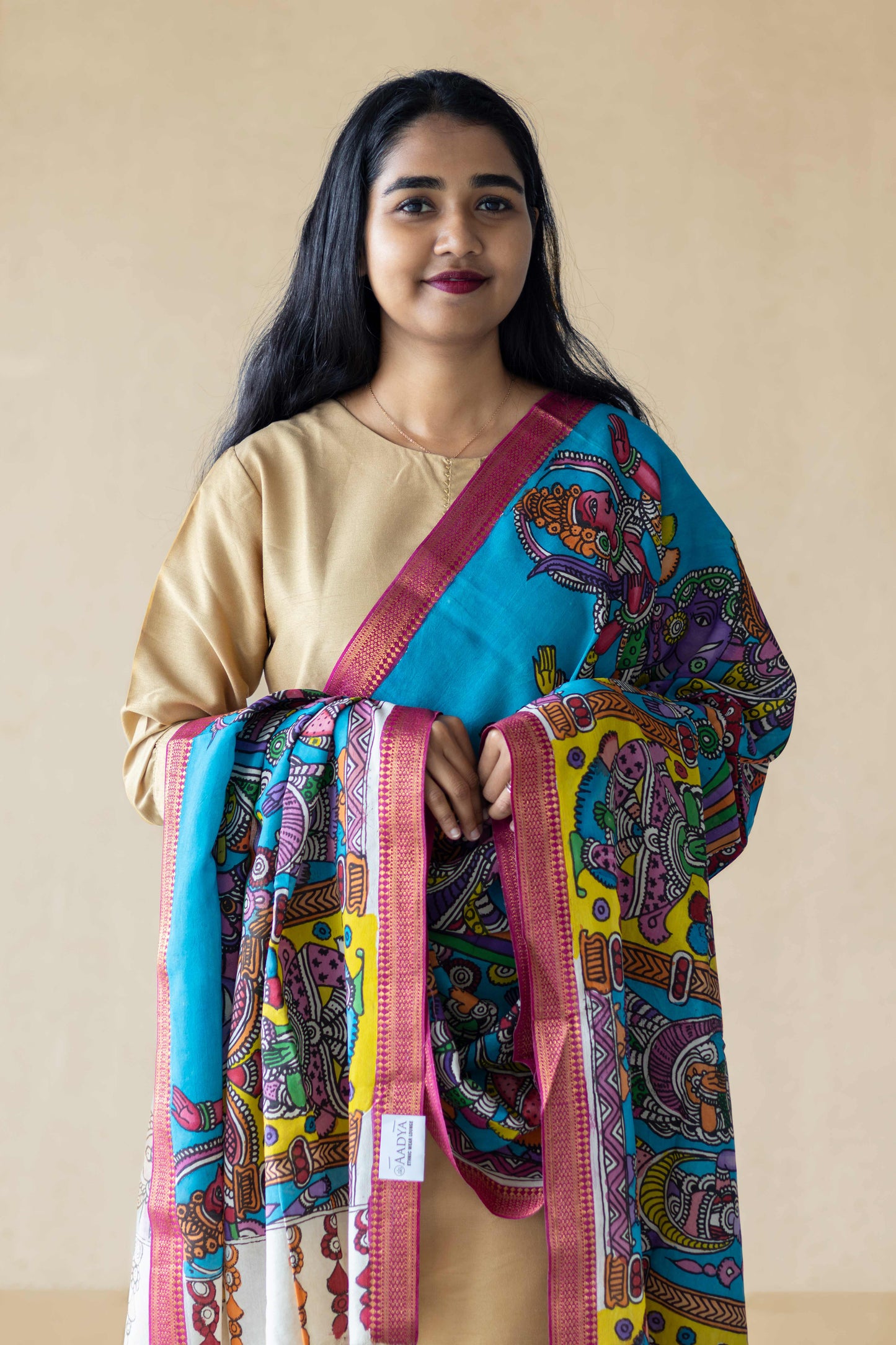 Blue - Srikalahasti Handpainted Cotton Pen Kalamkari Dupatta