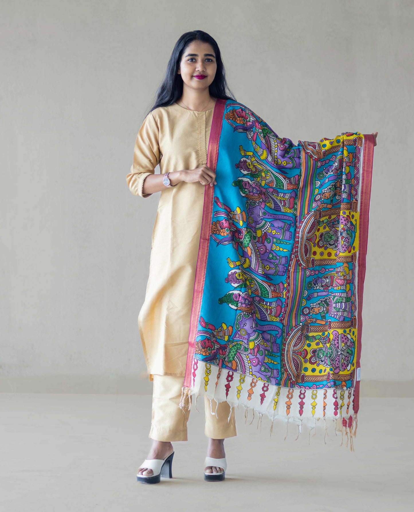 Blue - Srikalahasti Handpainted Cotton Pen Kalamkari Dupatta