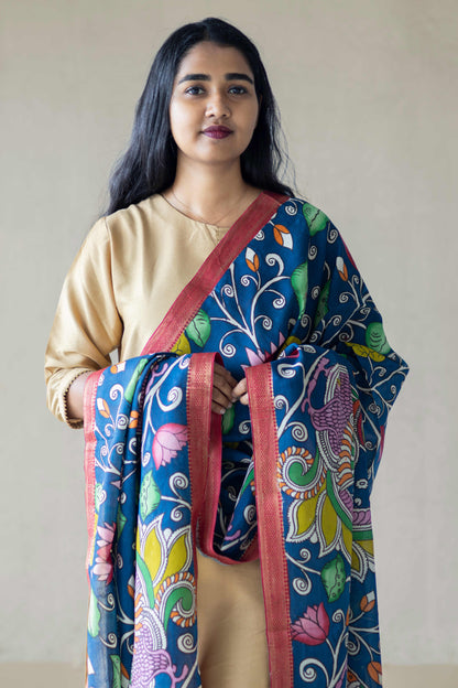 Srikalahasti  Handpainted Bangalore Silk Pen Kalamkari Dupatta