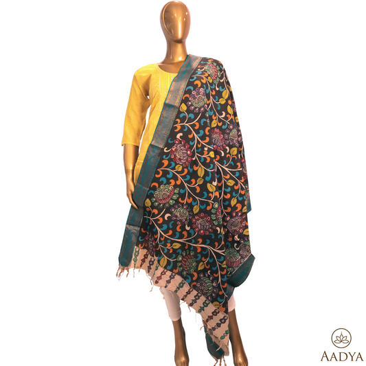 Srikalahasti  Handpainted Pen Kalamkari Bangalore Silk Dupatta Floral Print