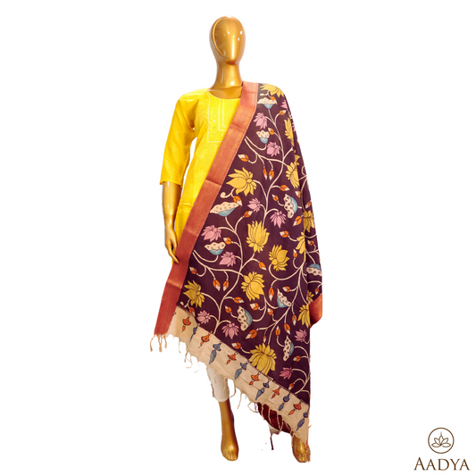 Srikalahasti  Handpainted Bangalore Silk Pen Kalamkari Dupatta Floral Print