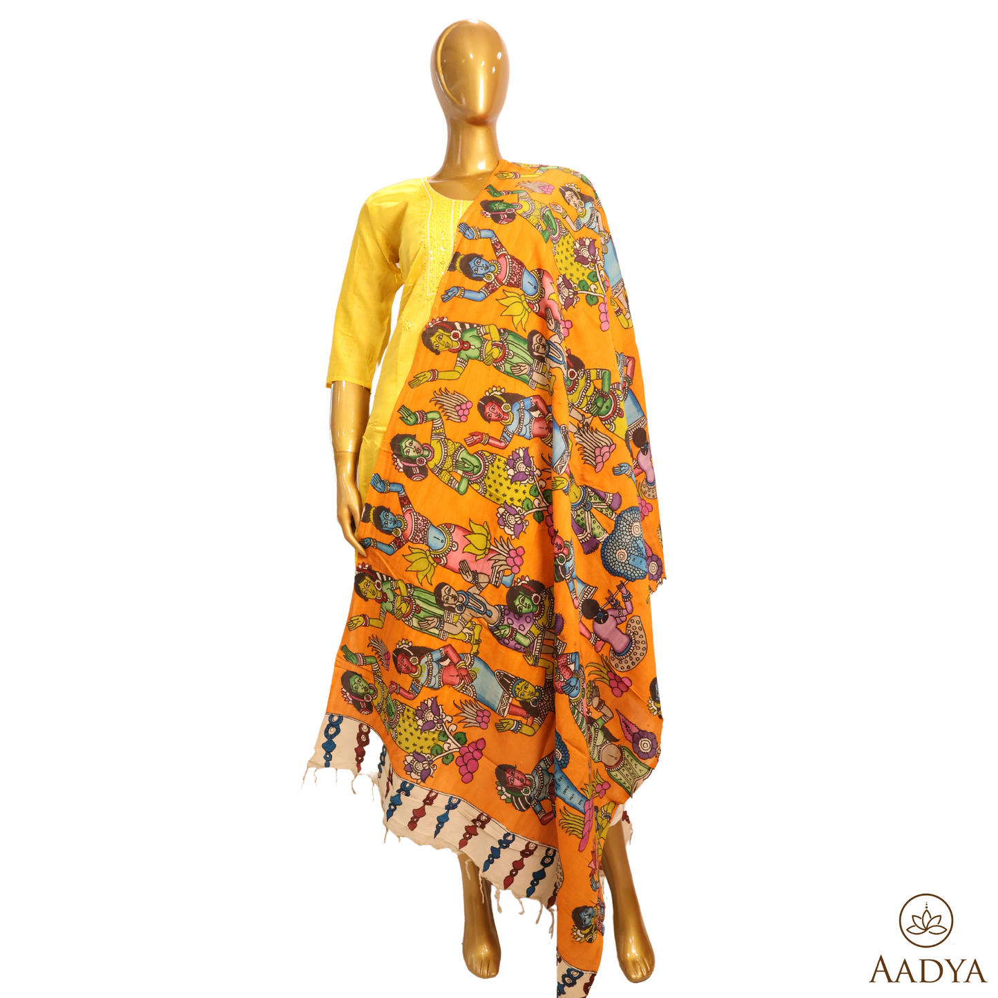 Srikalahasti Handpainted Bangalore Silk Pen Kalamkari Borderless Dupatta