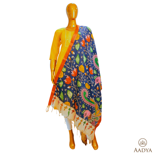 Srikalahasti  Handpainted Bangalore Silk Pen Kalamkari Dupatta Floral Print