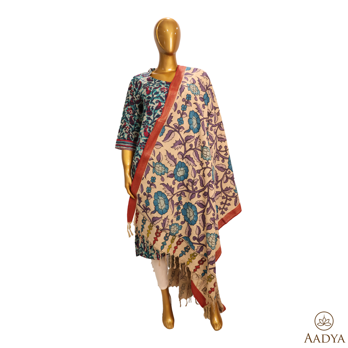 Srikalahasti  Handpainted Pen Kalamkari Cotton Dupatta Floral Print