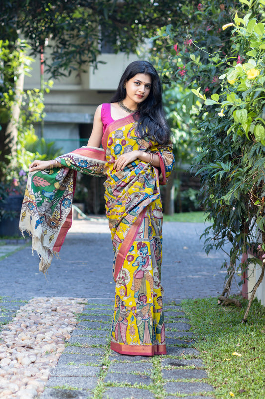Hand Painted Pen Kalamkari Bangalore Silk Saree