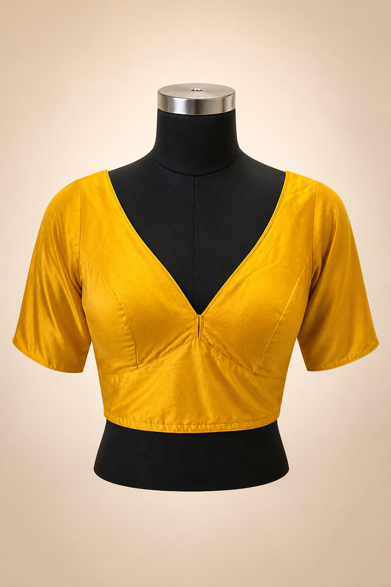 Mustard yellow Plain Silk Plain | Elbow Sleeve Saree Blouse