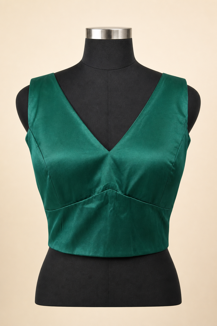 Green Satin Plain | Sleeveless Saree Blouse