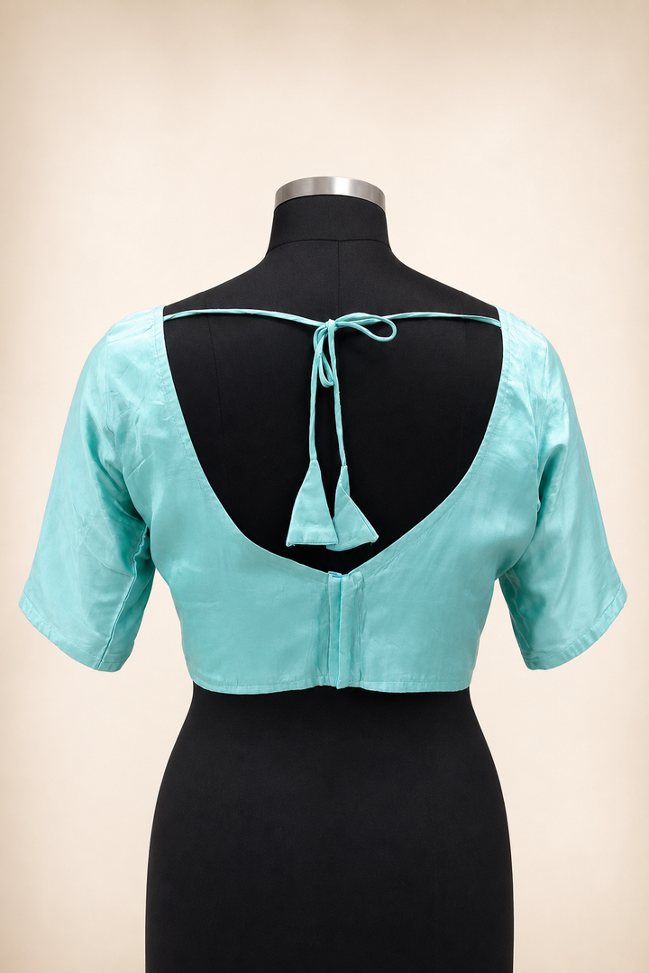 Turquoise Modal Silk Plain | Elbow Sleeve Saree Blouse
