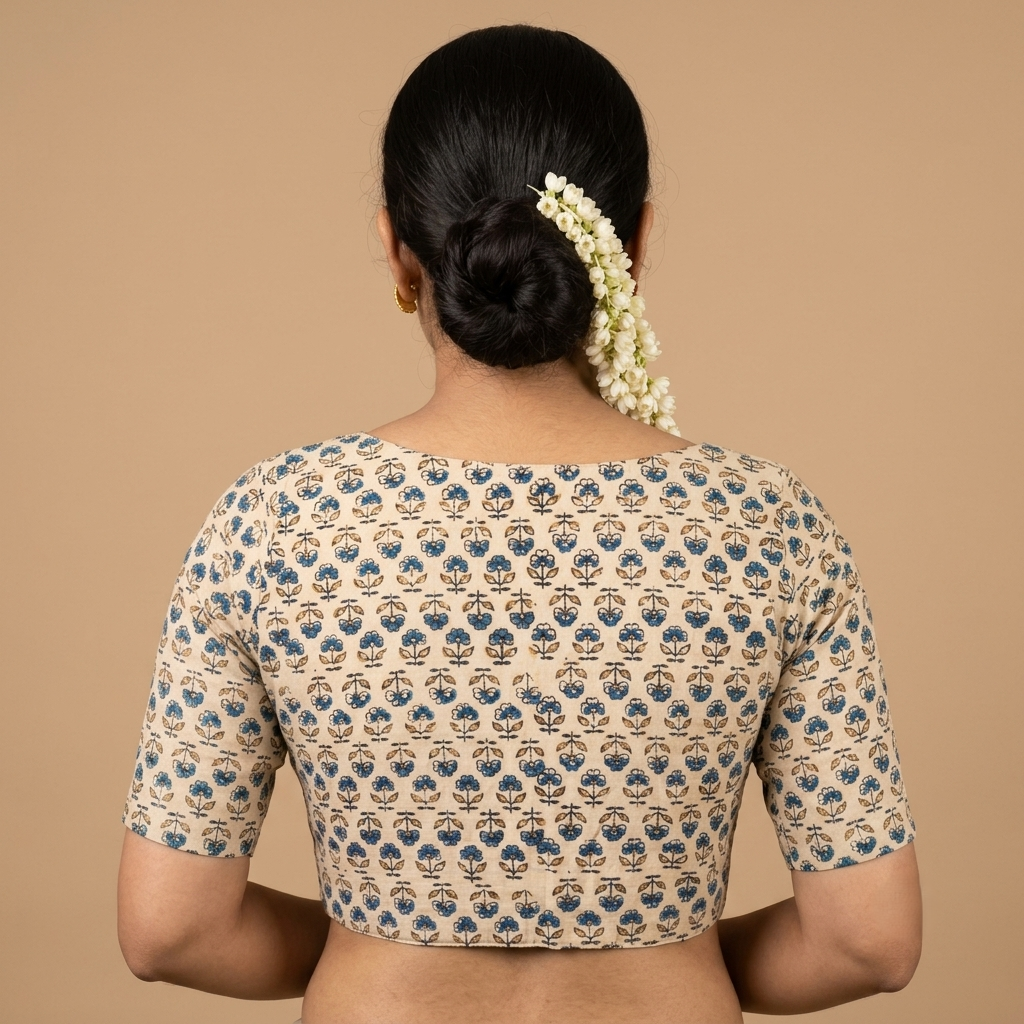 Nilakshi cream Ajrakh cotton StretchFit blouse, V neck – back view