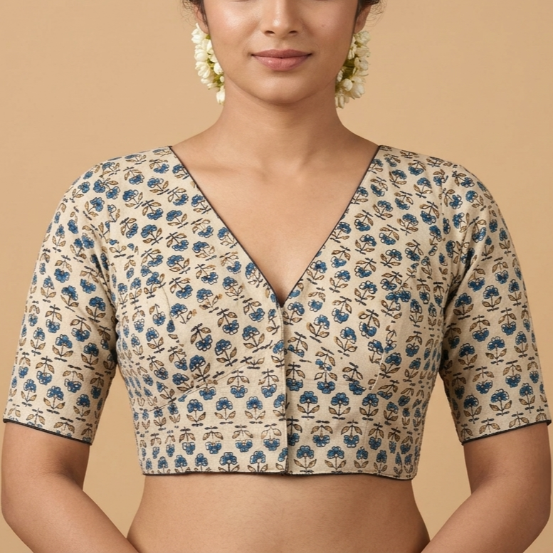 Nilakshi cream Ajrakh cotton StretchFit blouse, V neck – close-up
