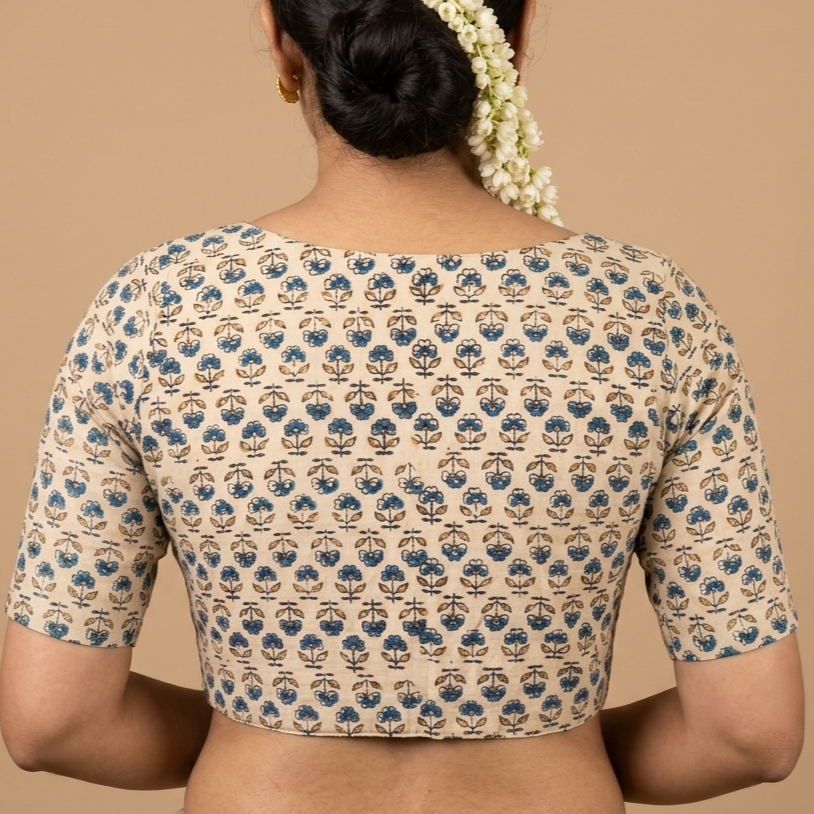 Nilakshi cream Ajrakh cotton StretchFit blouse, V neck – close-up