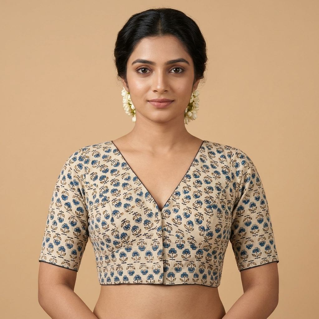 Nilakshi cream Ajrakh cotton StretchFit blouse, V neck