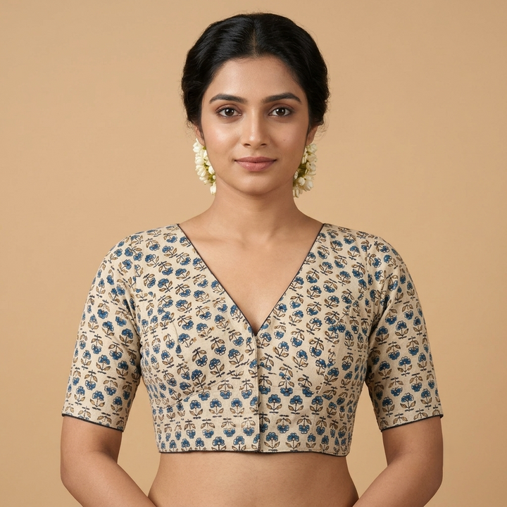 Nilakshi cream Ajrakh cotton StretchFit blouse, V neck