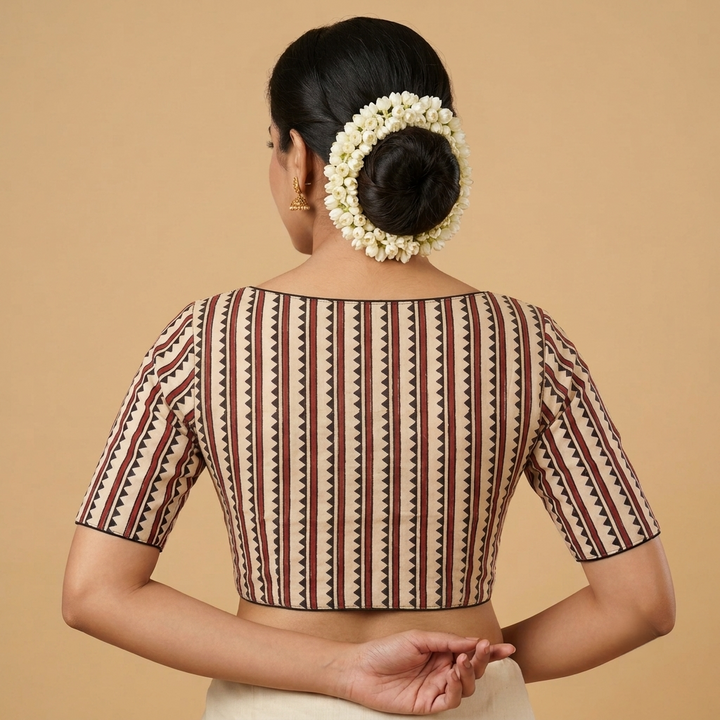 Chandana beige Ajrakh cotton StretchFit blouse, V neck – back view