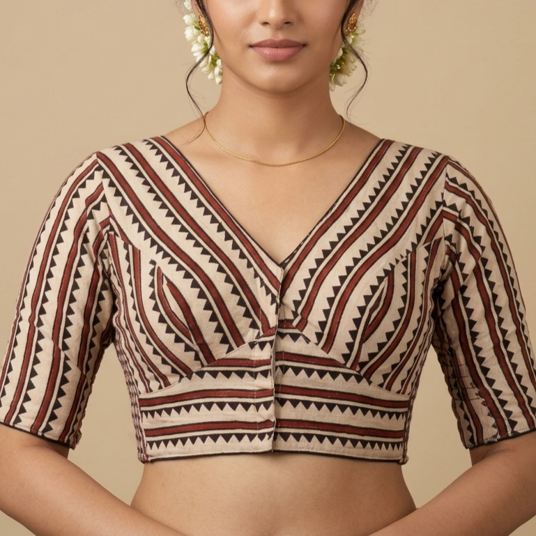 Chandana beige Ajrakh cotton StretchFit blouse, V neck – close-up