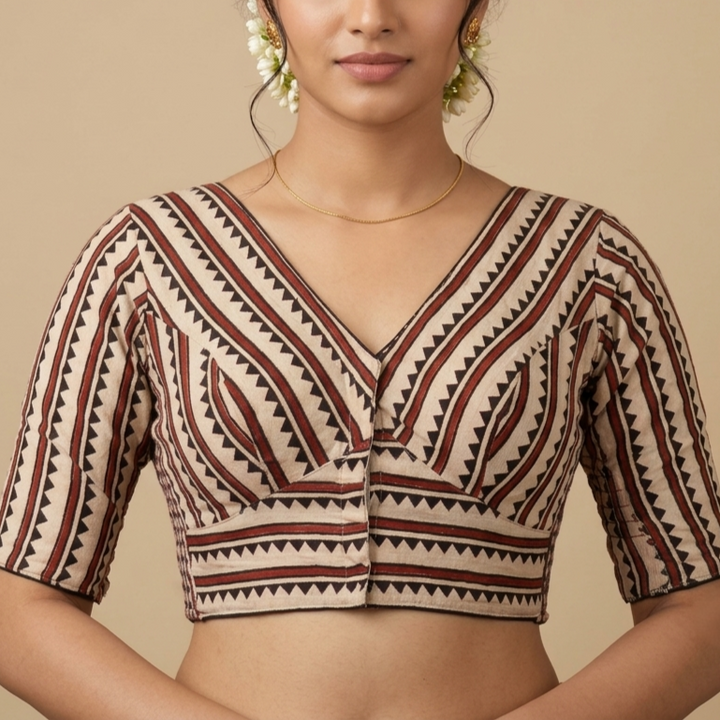 Chandana beige Ajrakh cotton StretchFit blouse, V neck – close-up