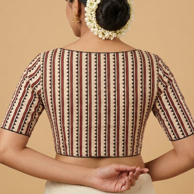 Chandana beige Ajrakh cotton StretchFit blouse, V neck – close-up