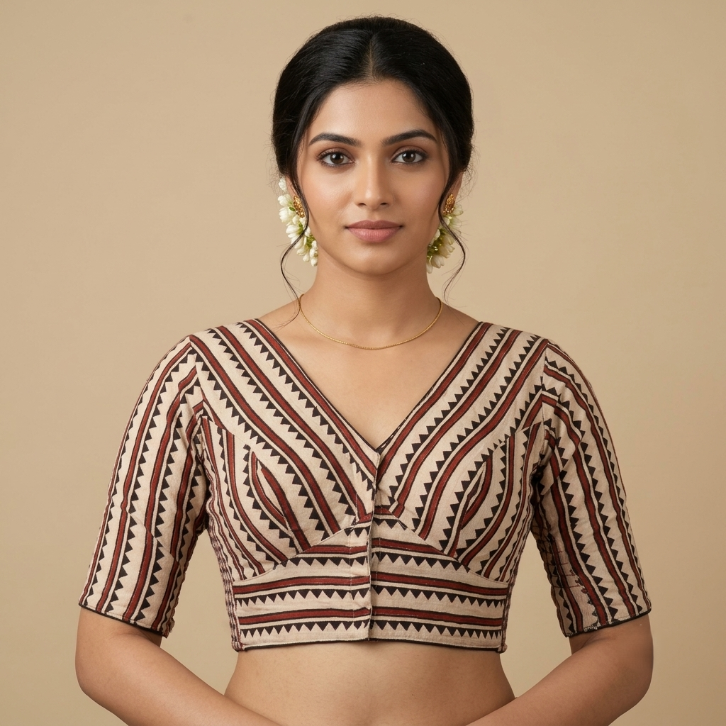 Chandana beige Ajrakh cotton StretchFit blouse, V neck