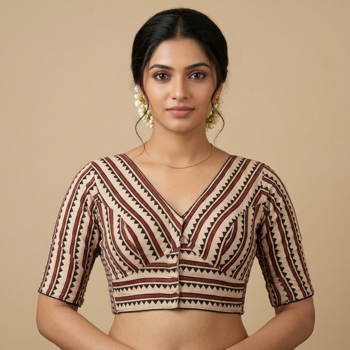 Chandana beige Ajrakh cotton StretchFit blouse, V neck