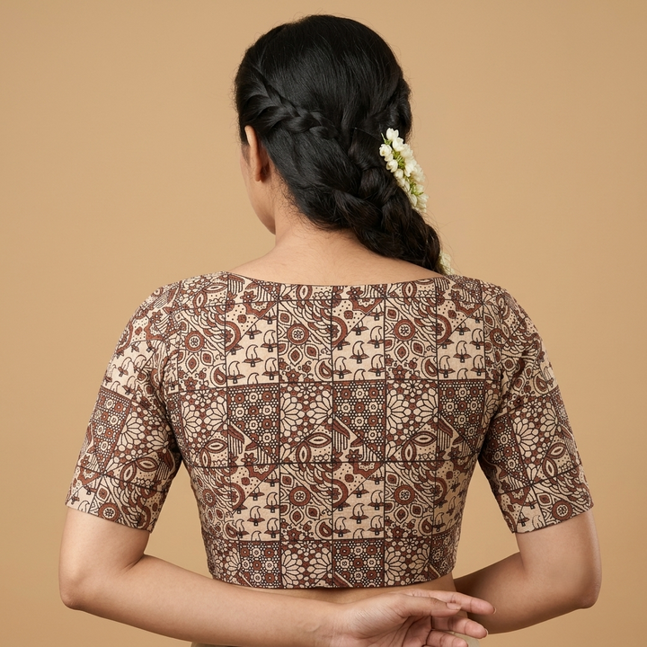 Mrittika beige Ajrakh cotton StretchFit blouse, V neck – back view