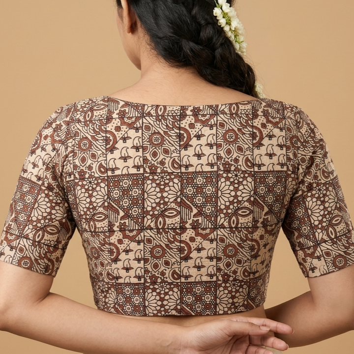 Mrittika beige Ajrakh cotton StretchFit blouse, V neck – close-up