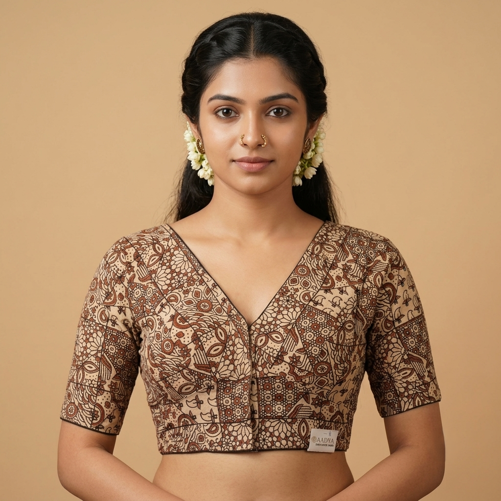 Mrittika beige Ajrakh cotton StretchFit blouse, V neck
