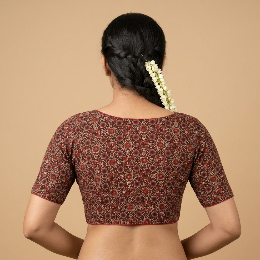 Kajri black Ajrakh cotton StretchFit blouse, V neck – back view