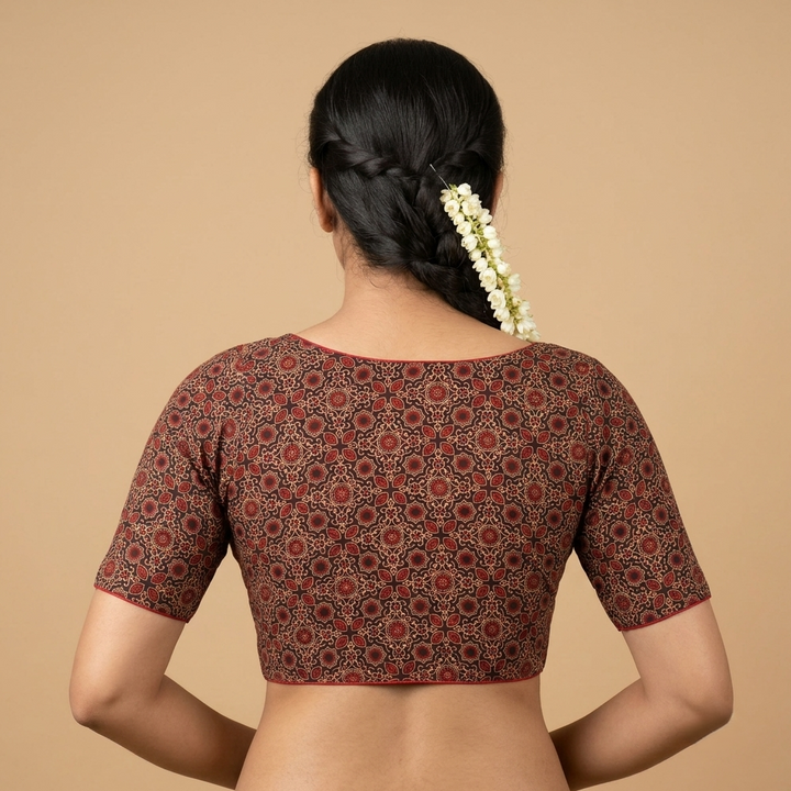 Kajri black Ajrakh cotton StretchFit blouse, V neck – back view
