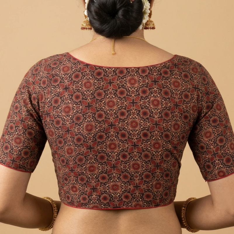 Kajri black Ajrakh cotton StretchFit blouse, V neck – close-up