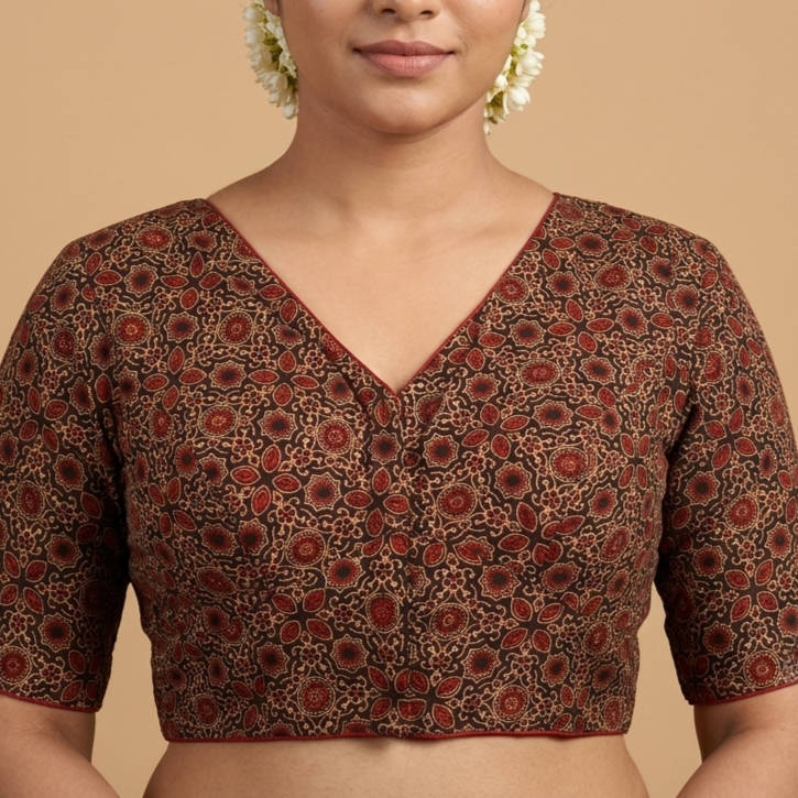 Kajri black Ajrakh cotton StretchFit blouse, V neck – close-up