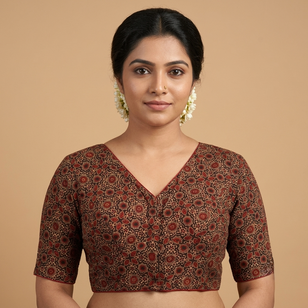 Kajri black Ajrakh cotton StretchFit blouse, V neck