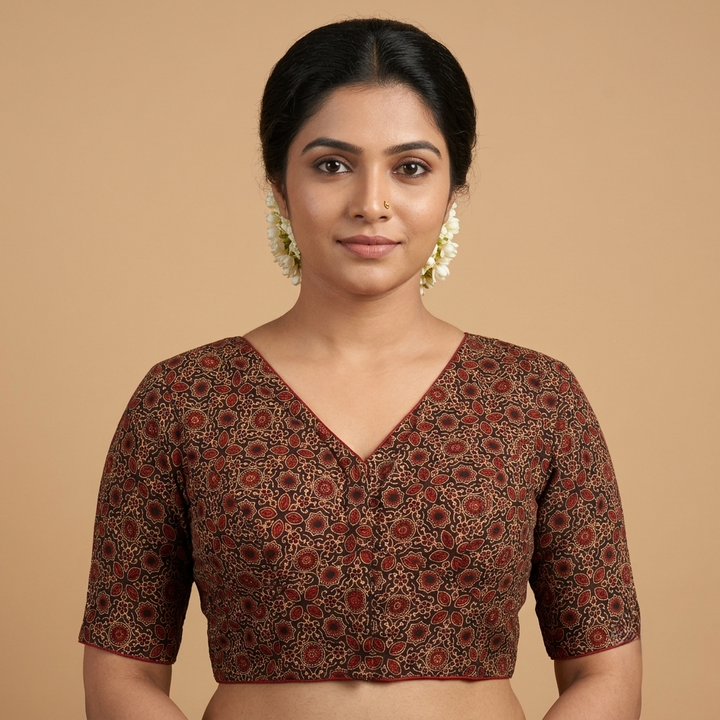 Kajri black Ajrakh cotton StretchFit blouse, V neck