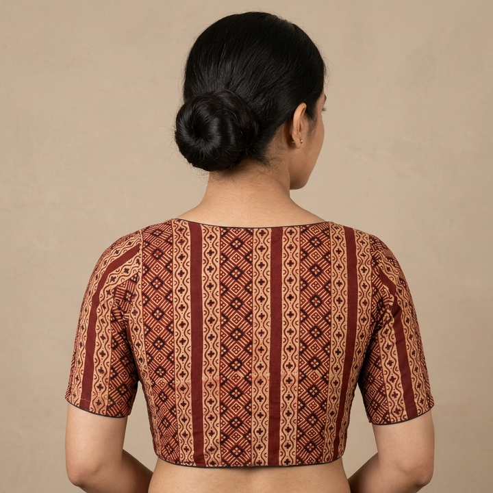Lohita rust red Ajrakh cotton StretchFit blouse, V neck – back view