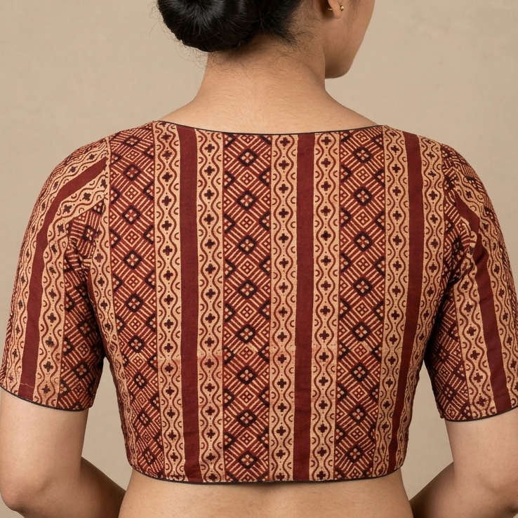 Lohita rust red Ajrakh cotton StretchFit blouse, V neck – close-up