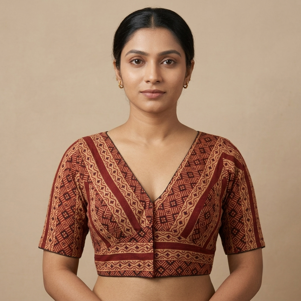 Lohita rust red Ajrakh cotton StretchFit blouse, V neck