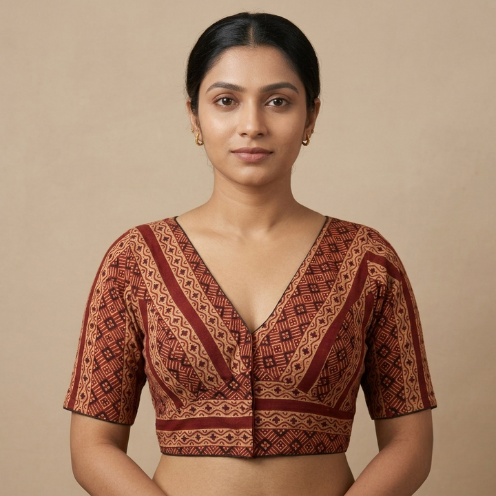 Lohita rust red Ajrakh cotton StretchFit blouse, V neck