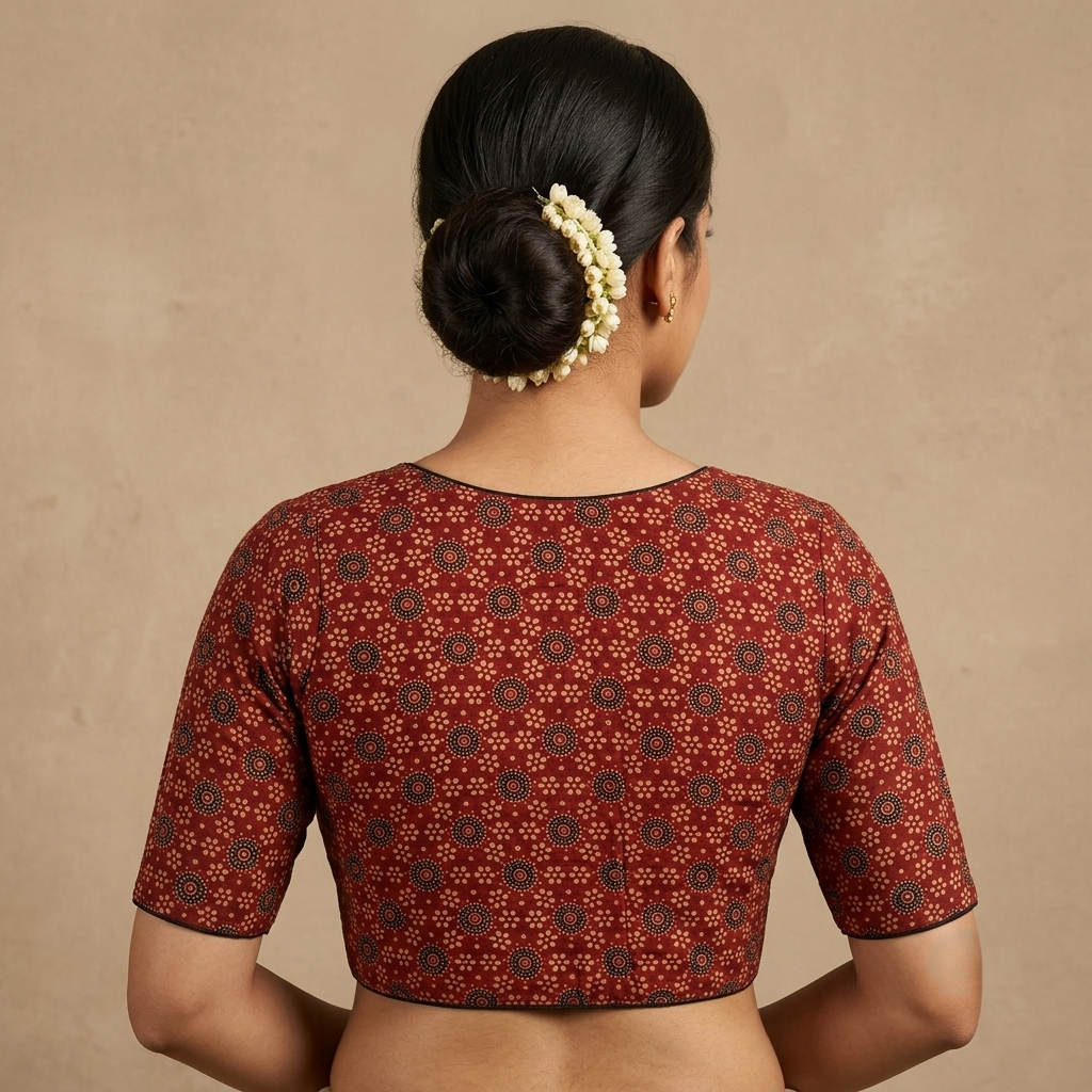 Raktabha red Ajrakh cotton StretchFit blouse, V neck – back view
