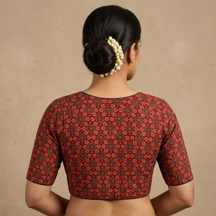 Raktabha red Ajrakh cotton StretchFit blouse, V neck – back view