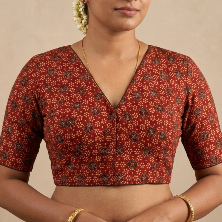 Raktabha red Ajrakh cotton StretchFit blouse, V neck – close-up