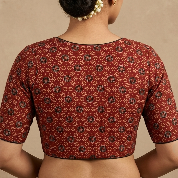 Raktabha red Ajrakh cotton StretchFit blouse, V neck – close-up