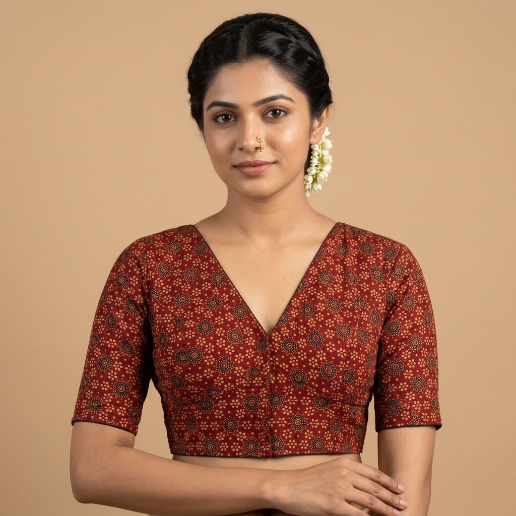 Raktabha red Ajrakh cotton StretchFit blouse, V neck