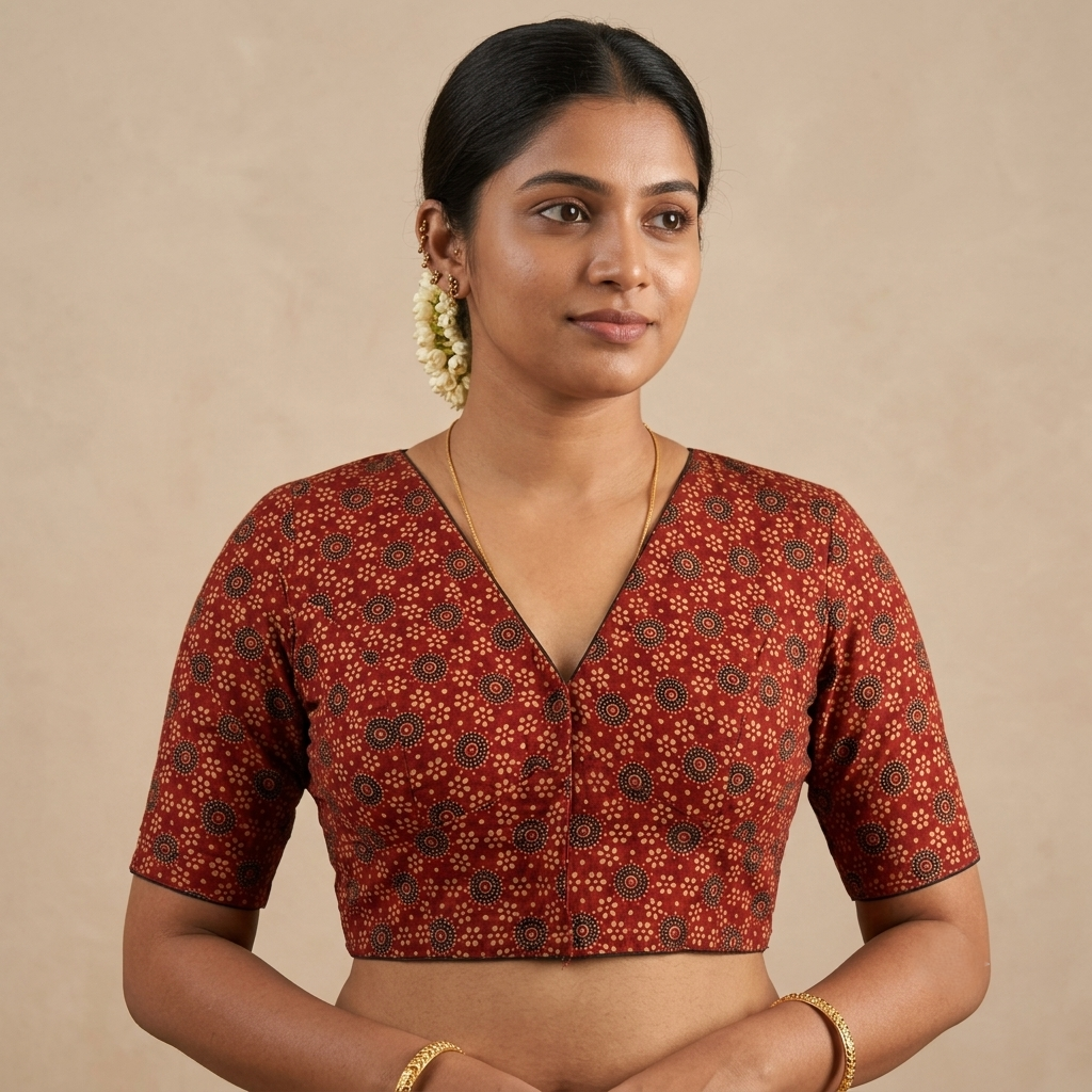Raktabha red Ajrakh cotton StretchFit blouse, V neck