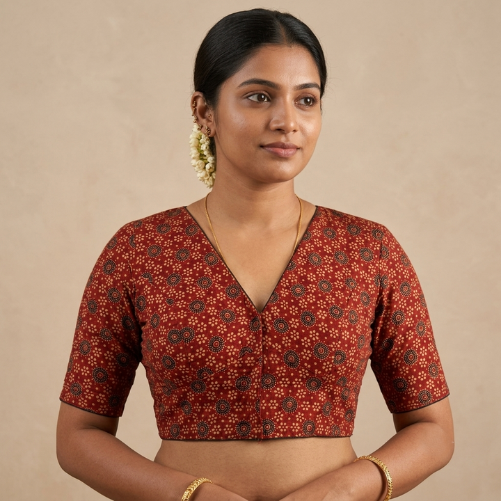 Raktabha red Ajrakh cotton StretchFit blouse, V neck