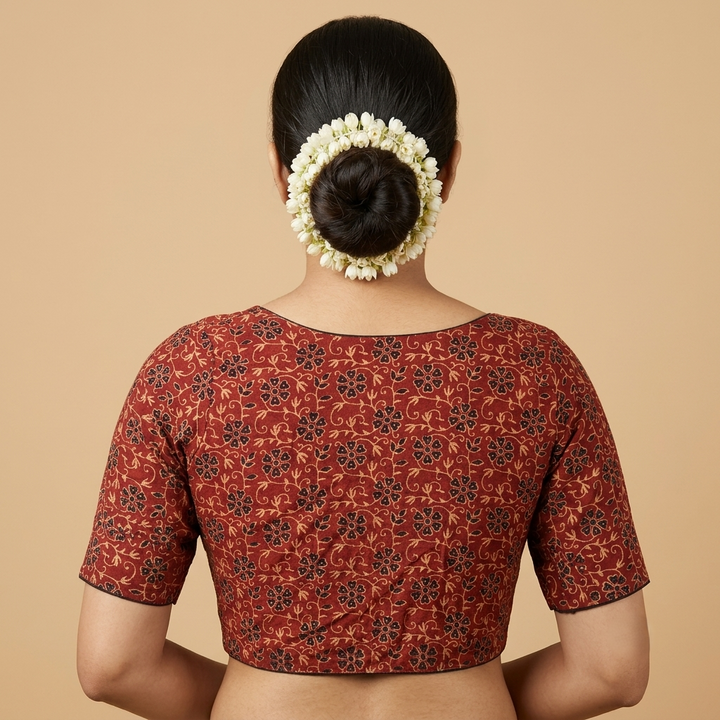 Kumkuma brick red Ajrakh cotton StretchFit blouse, V neck – back view