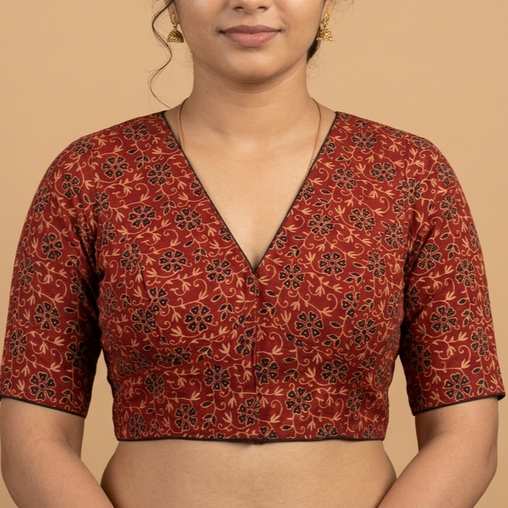 Kumkuma brick red Ajrakh cotton StretchFit blouse, V neck – close-up