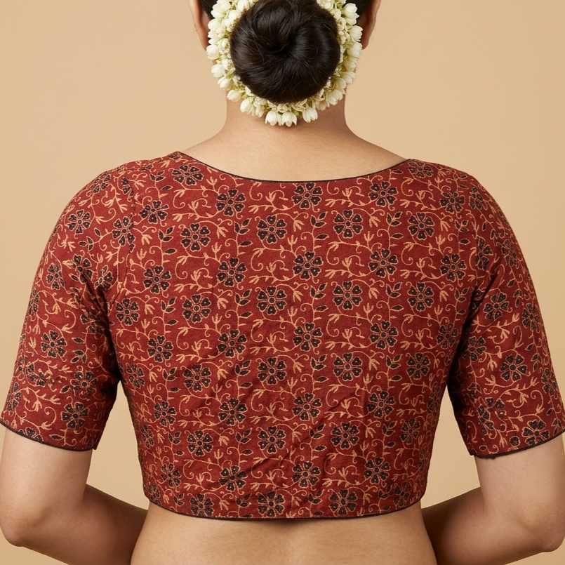Kumkuma brick red Ajrakh cotton StretchFit blouse, V neck – close-up
