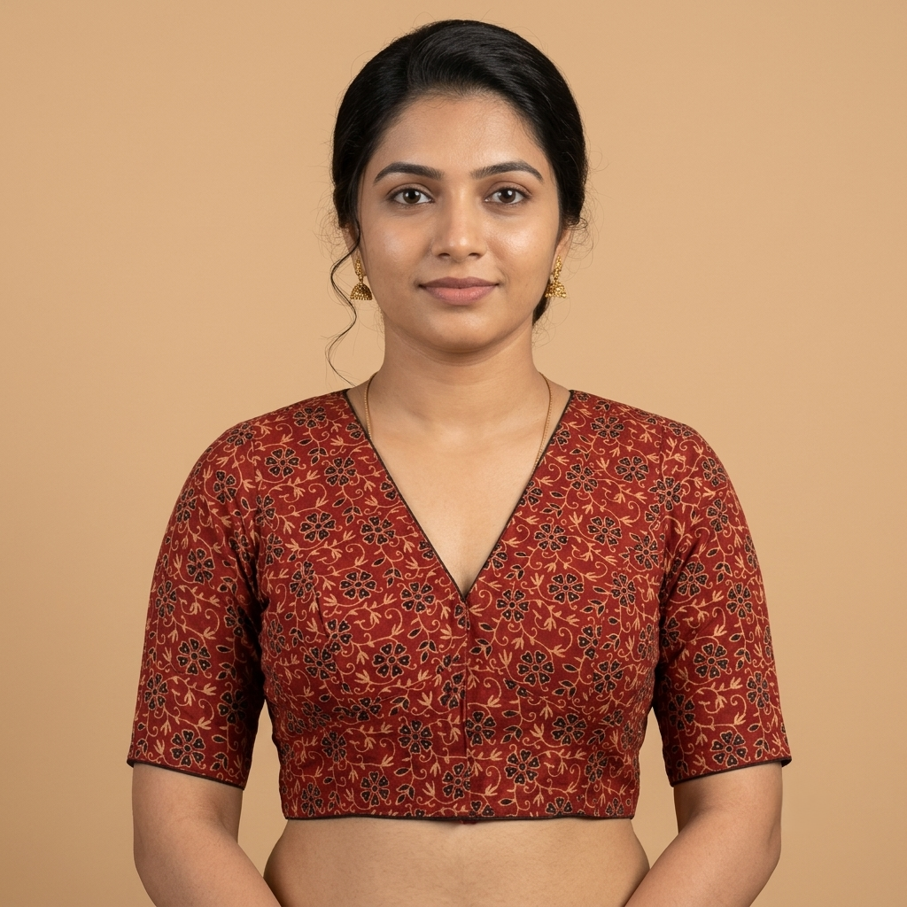 Kumkuma brick red Ajrakh cotton StretchFit blouse, V neck
