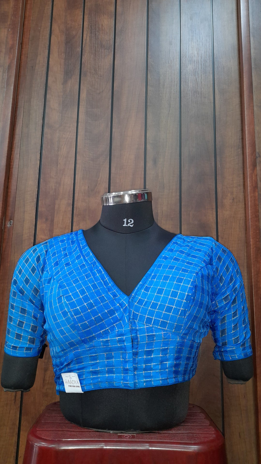 Blue Banarasi Silk Checks | Elbow Sleeve Saree Blouse